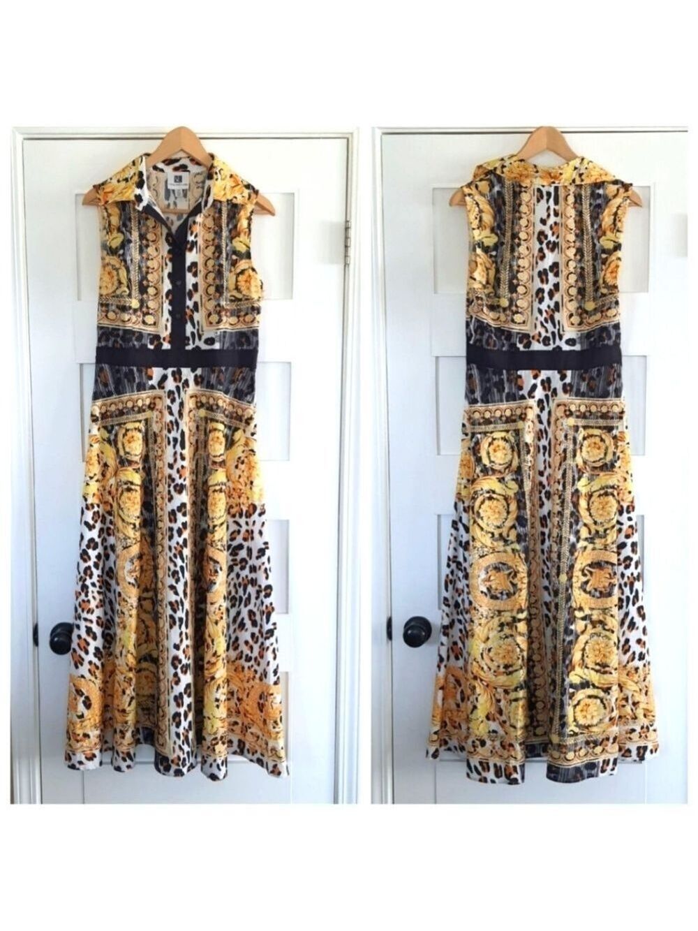 Vicky and Lucas Sleeveless Collard Maxi Dress Womens M Golden Yellow Black Luxe